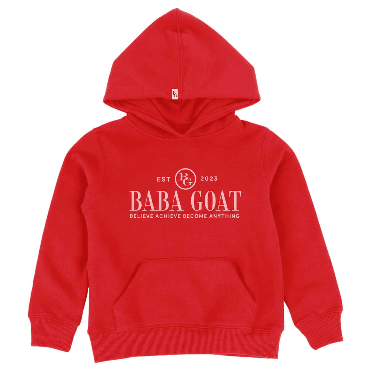 Close-up of embroidered BABA GOAT logo on youth hoodie