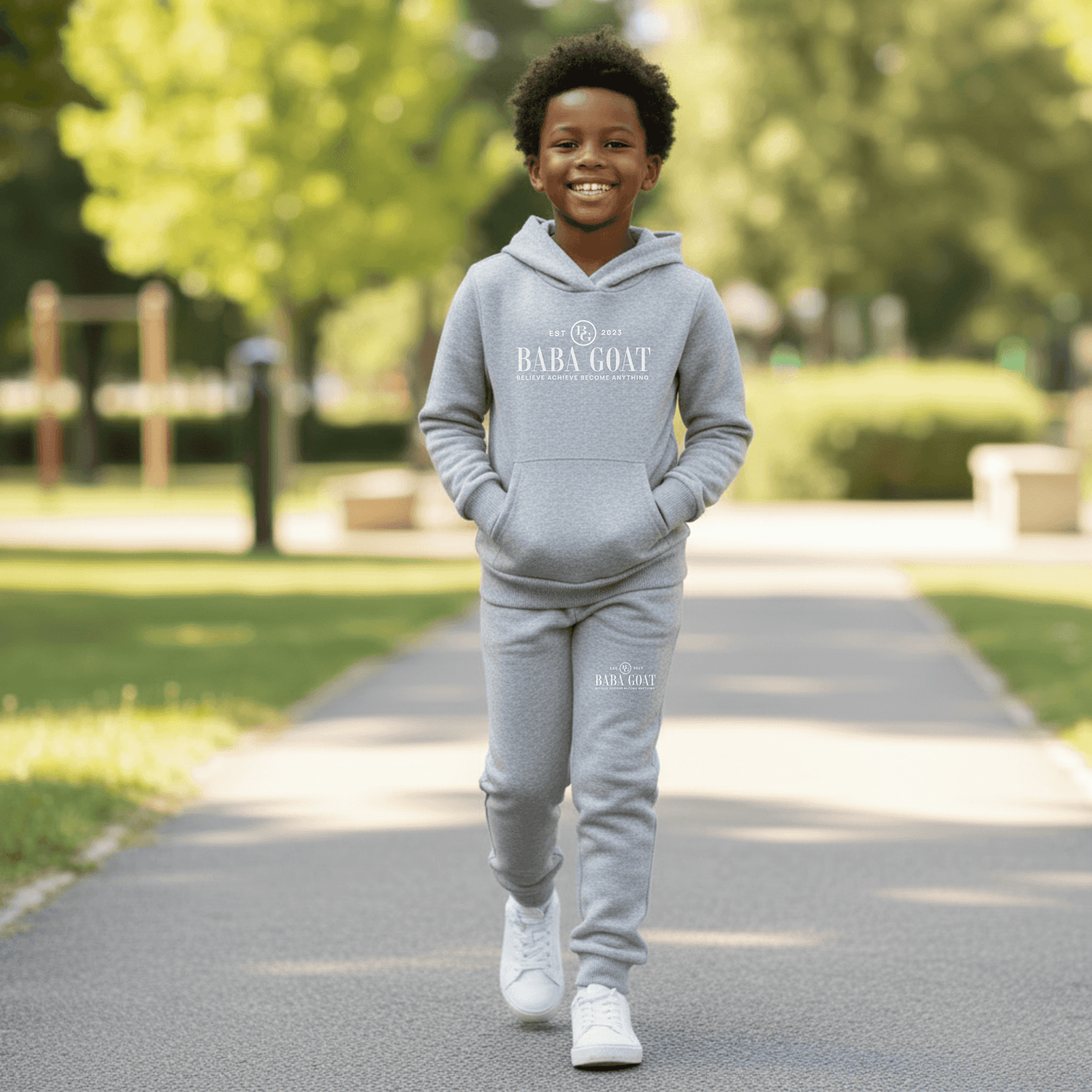 Model wearing BABA GOAT Young Believers streetwear collection