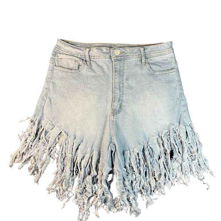 WMN HW DENIM COLOR FRINGE SHORTS 0120