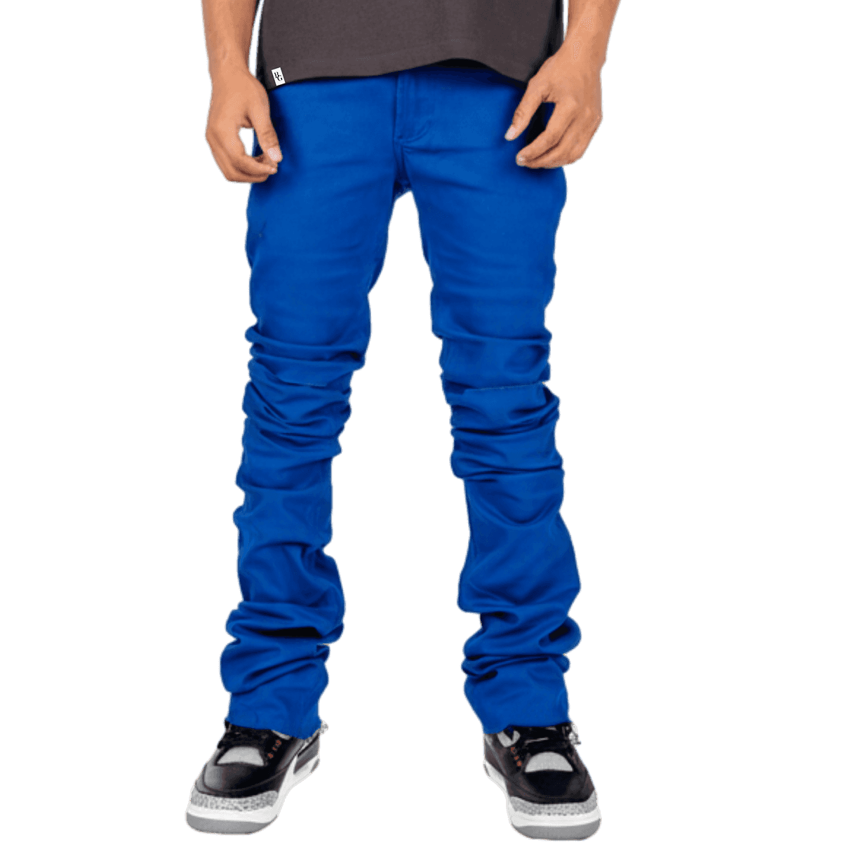 Model wearing BABA GOAT luxury stacked denim trousers