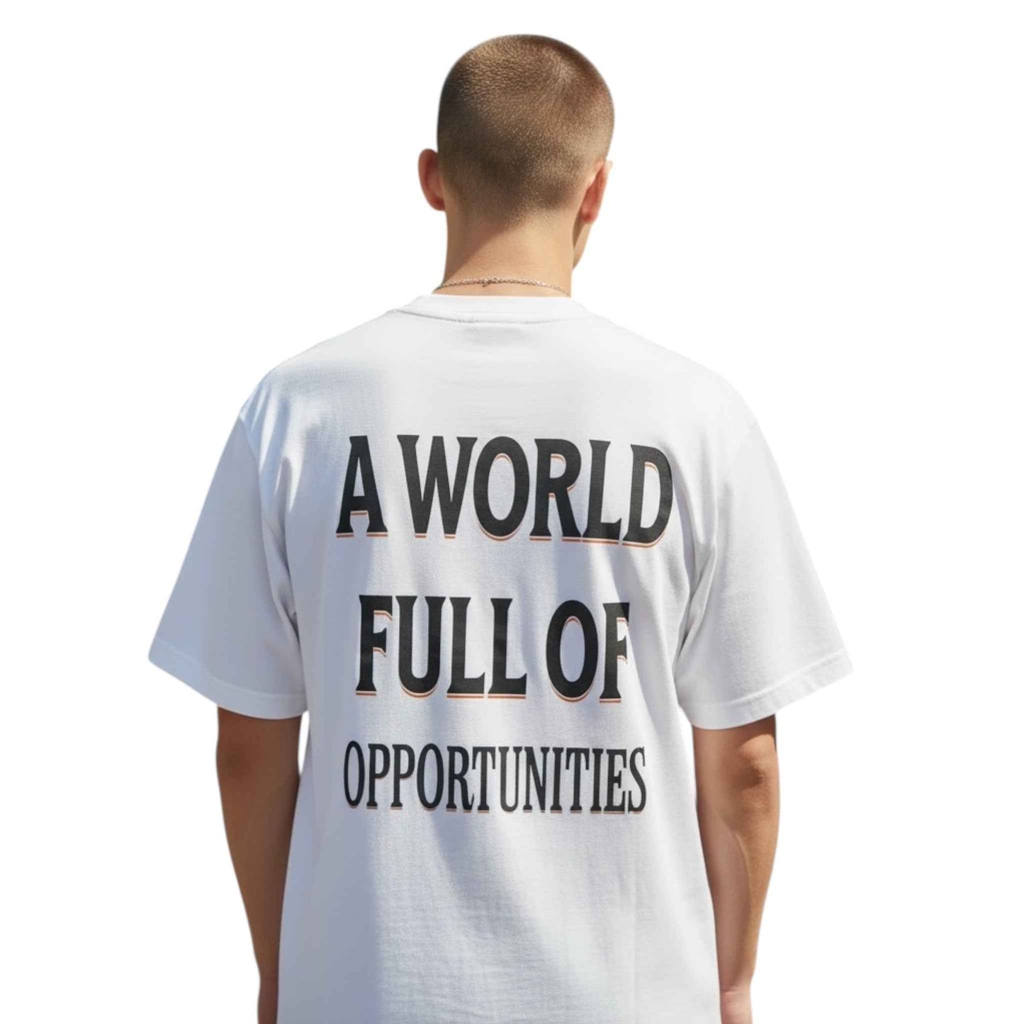 Model wearing BABA GOAT M Full of Opportunities luxury tee